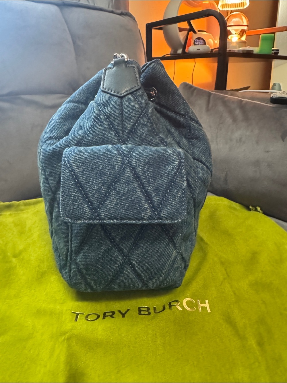 Tory Burch Quilted Charlie Denim Drawstring Bucket Bag - Picture 5 of 8